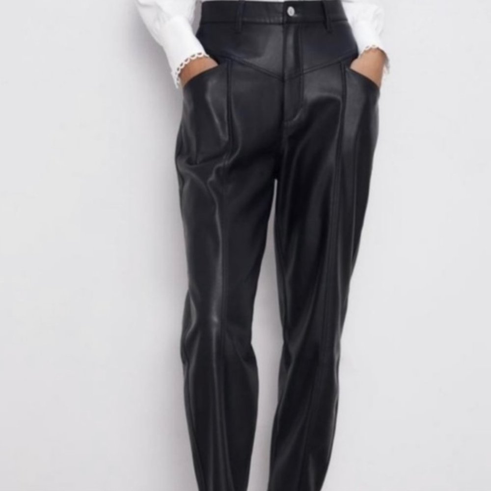 Zara High Waisted Faux Leather Pants Black